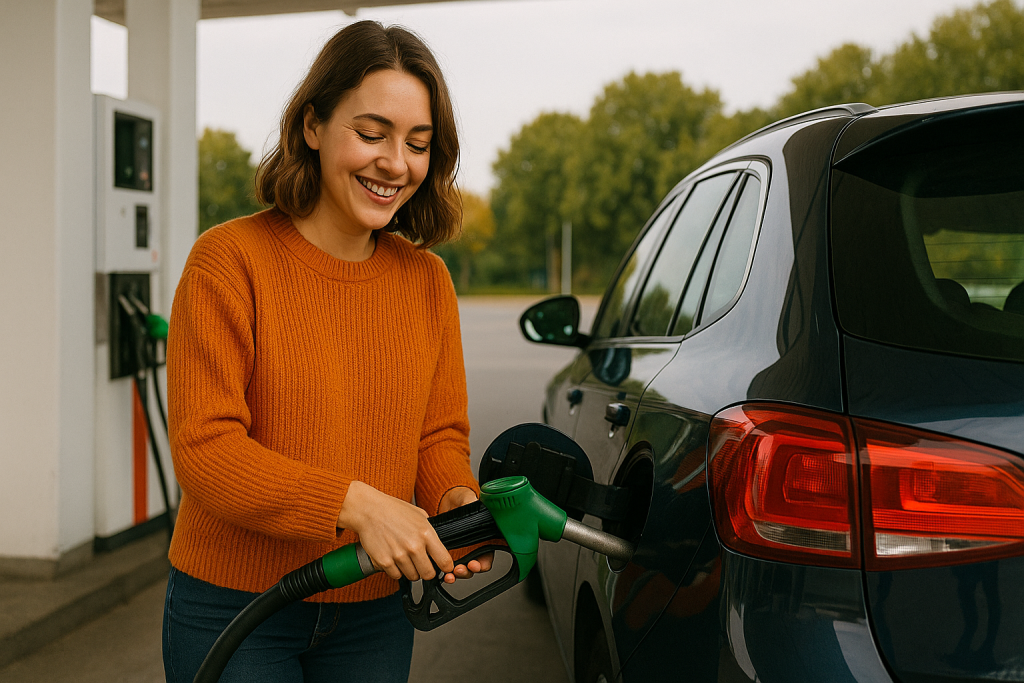 A person in an orange jumper filling a black car with unleaded petrol from the petrol station.