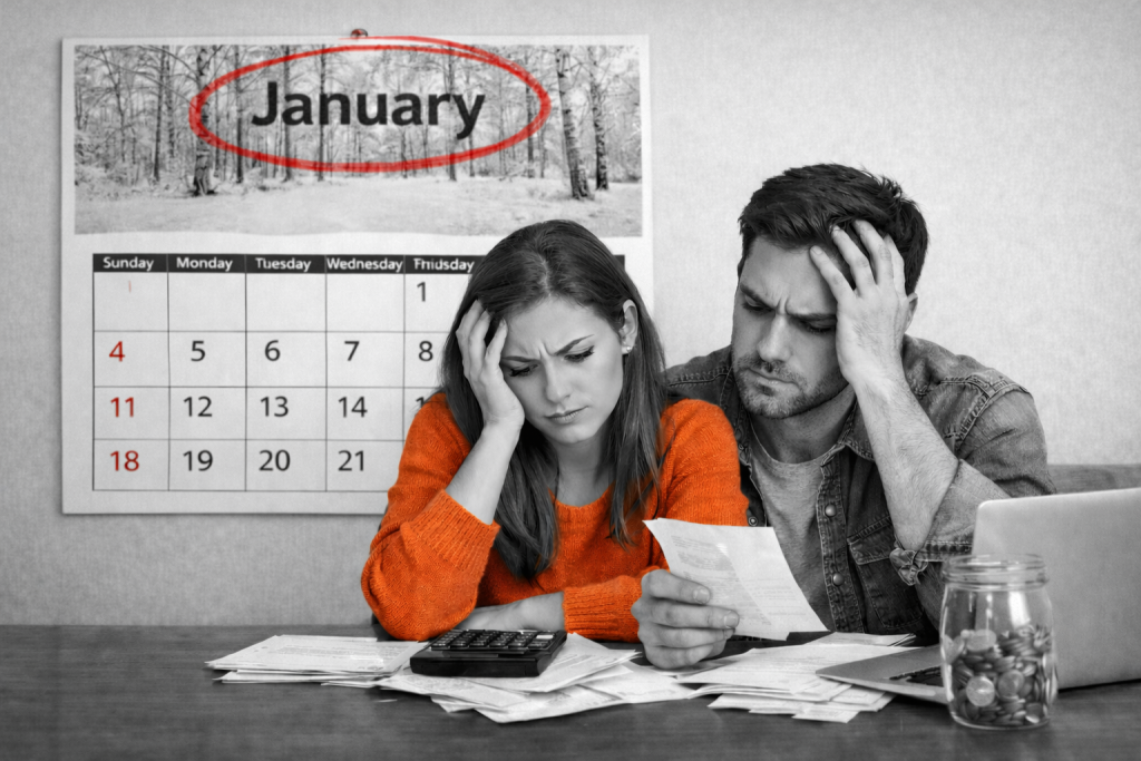 A stressed out man and woman looking at a pile of bills, with a calendar hanging on the wall behind them showing the month of January.