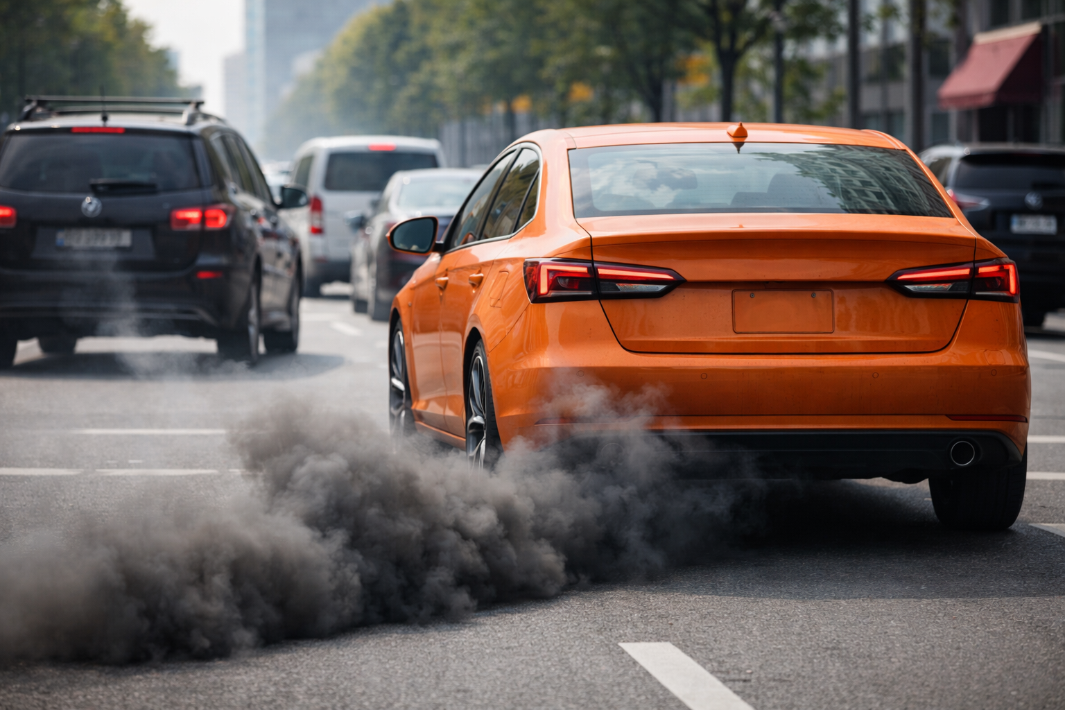 Harmful emissions coming from the exhaust of an orange car