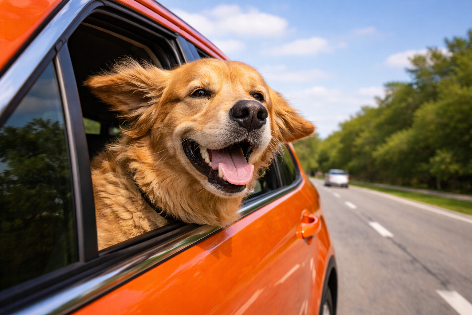 Dog hanging its head out of a moving car