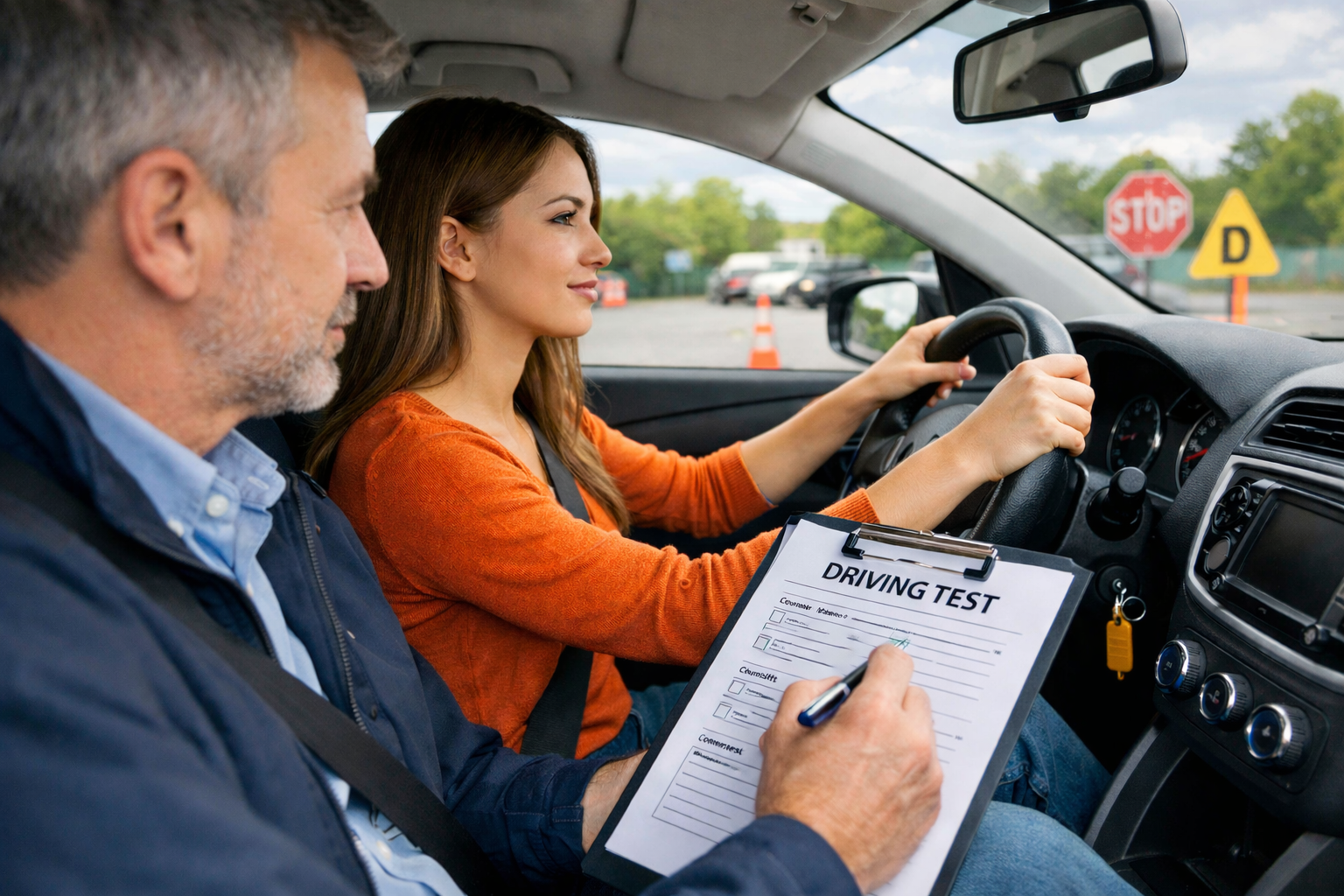 A woman carrying out a driving test with an examiner sitting beside her in the passenger seat
