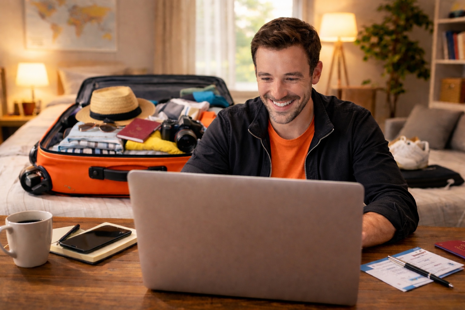 Man booking a holiday on his laptop with a suitcase packed in the background