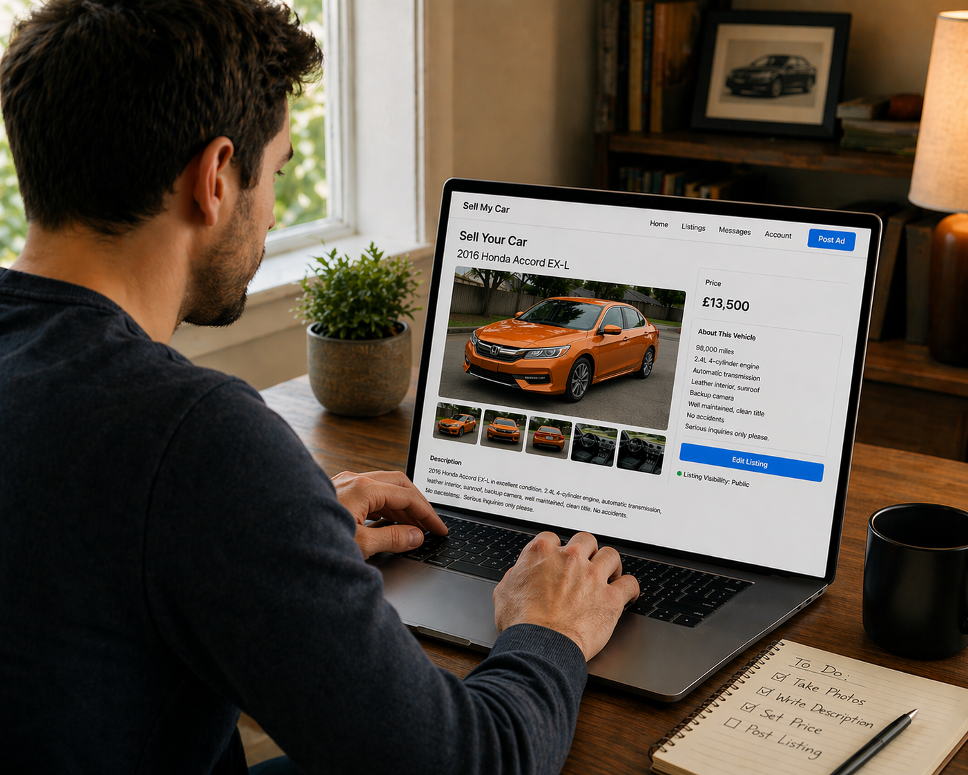 Man sitting in front of laptop listing a car for sale