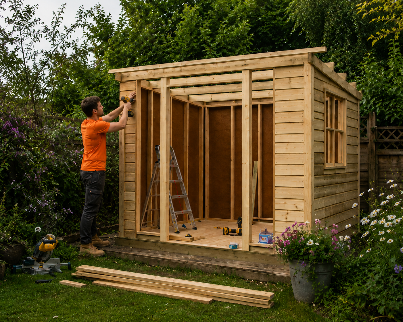 A man building a shed in his garden.