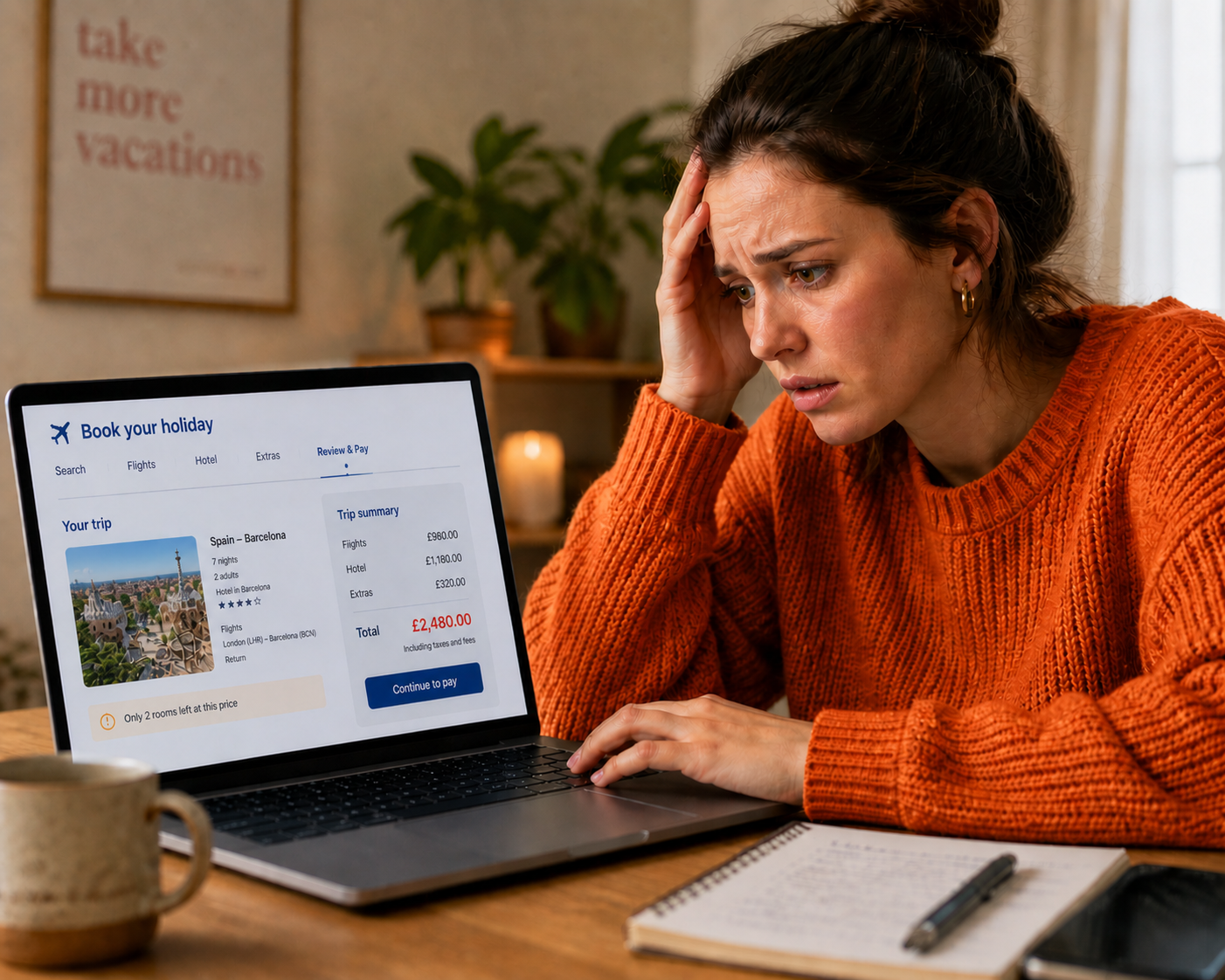 A woman in an orange jumper sitting in front of a laptop looking concerned about the price of a holiday