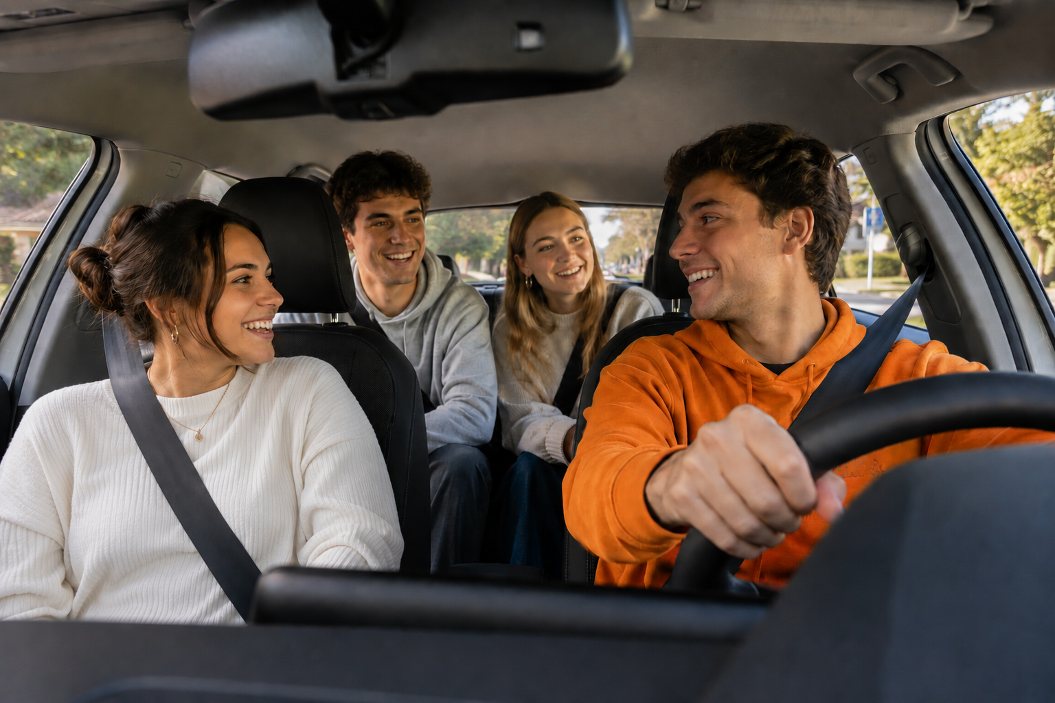A male driving a car with three passengers