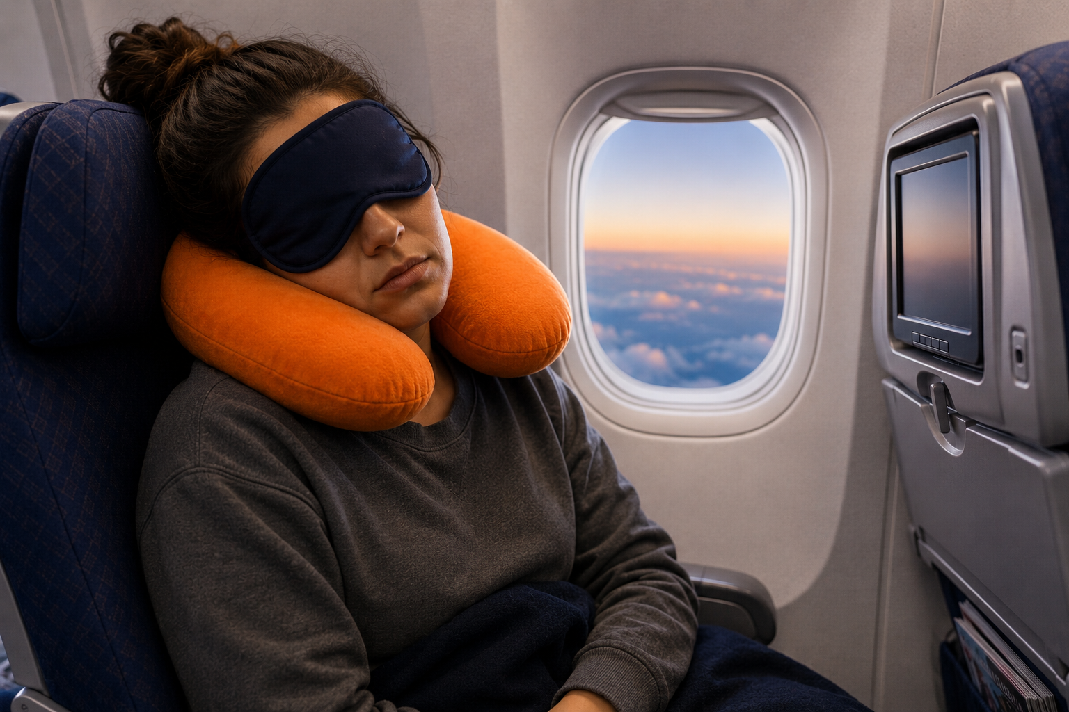 Woman sleeping on a plane with an eye mask and a neck pillow