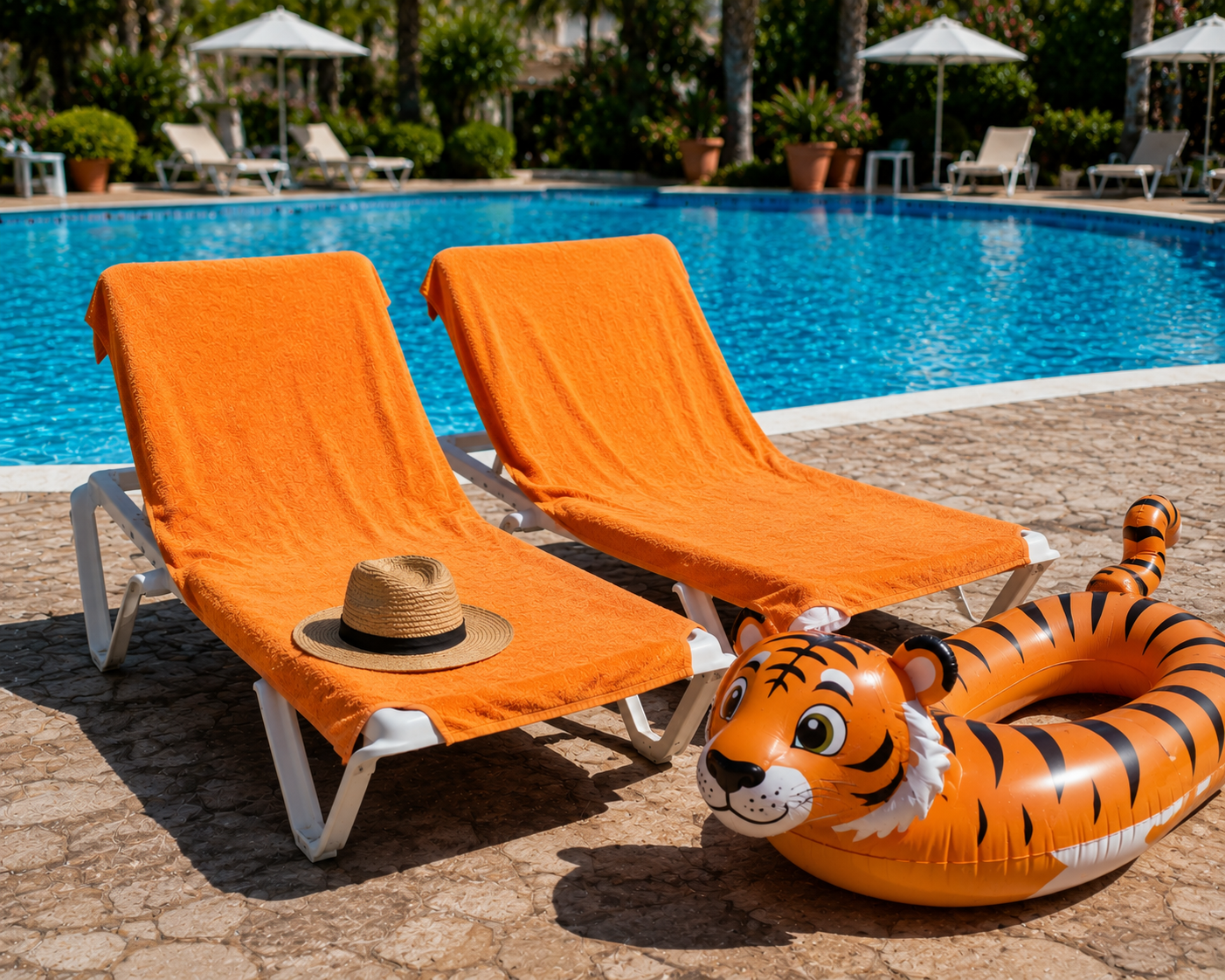 Two sunloungers next to a swimming pool with orange towels and an inflatable tiger lilo