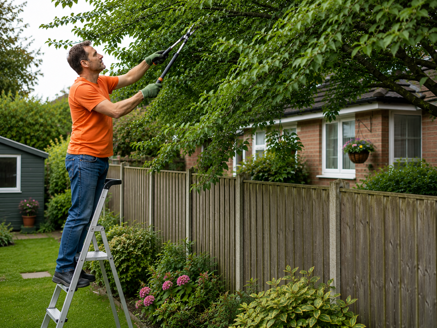 A man standing on a ladder pruning overhanging branches from his neighbour's tree.