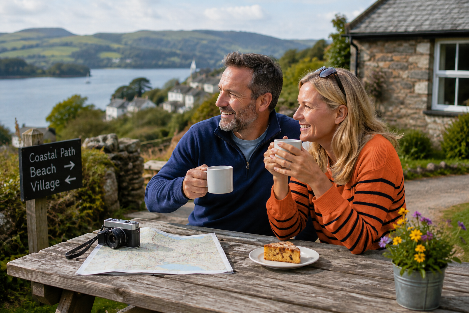 Man and woman enjoying a staycation break in the UK, sitting at a picnic table taking in the scenery while having a cup of tea and a bun. A camera and a map can also be seen on the table.