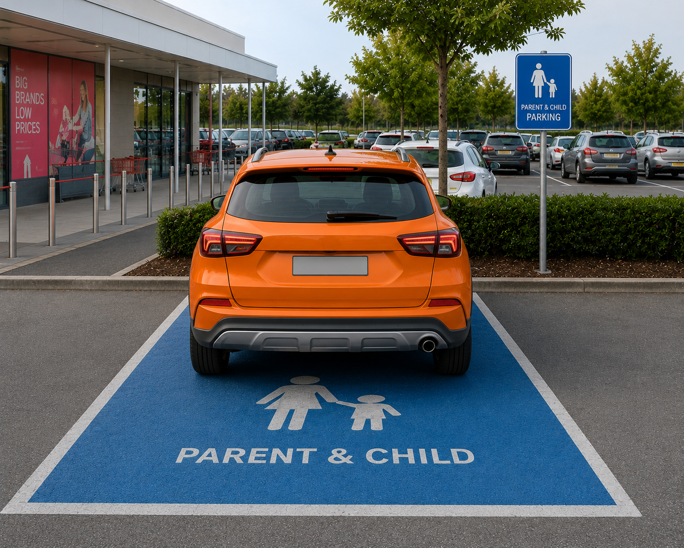 An orange car parked in a parent and child space
