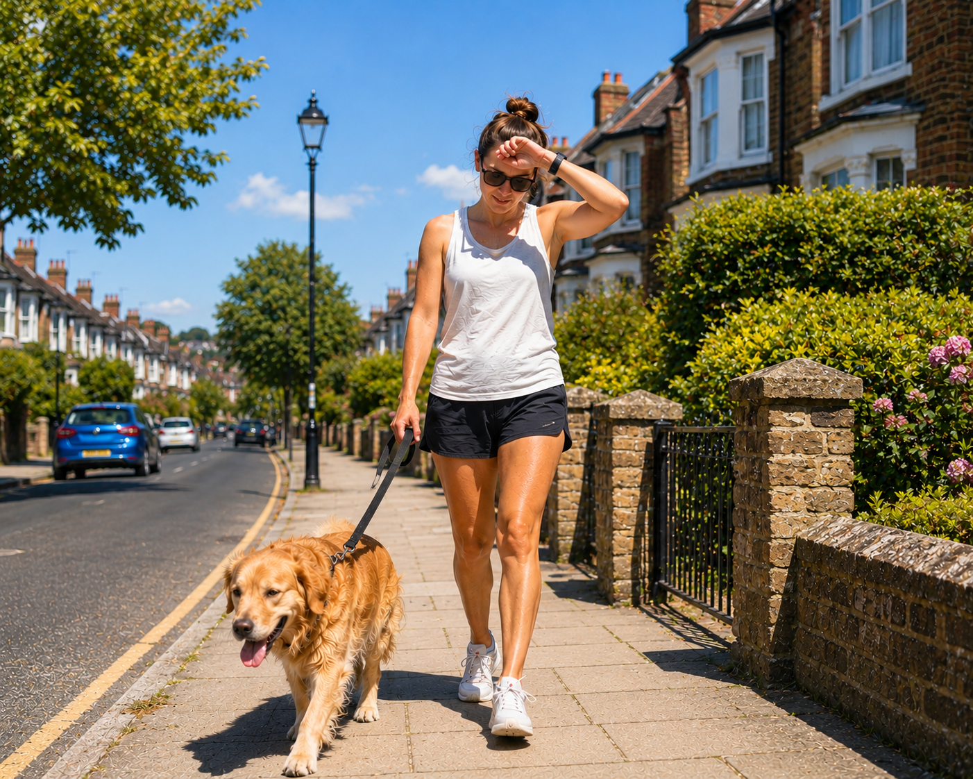 Woman walking a dog in hot weather