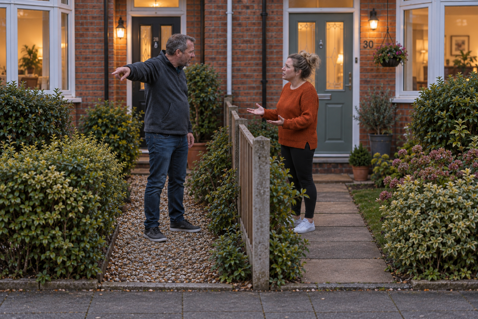 Neighbours, a man and a woman, standing outside their homes having a disagreement