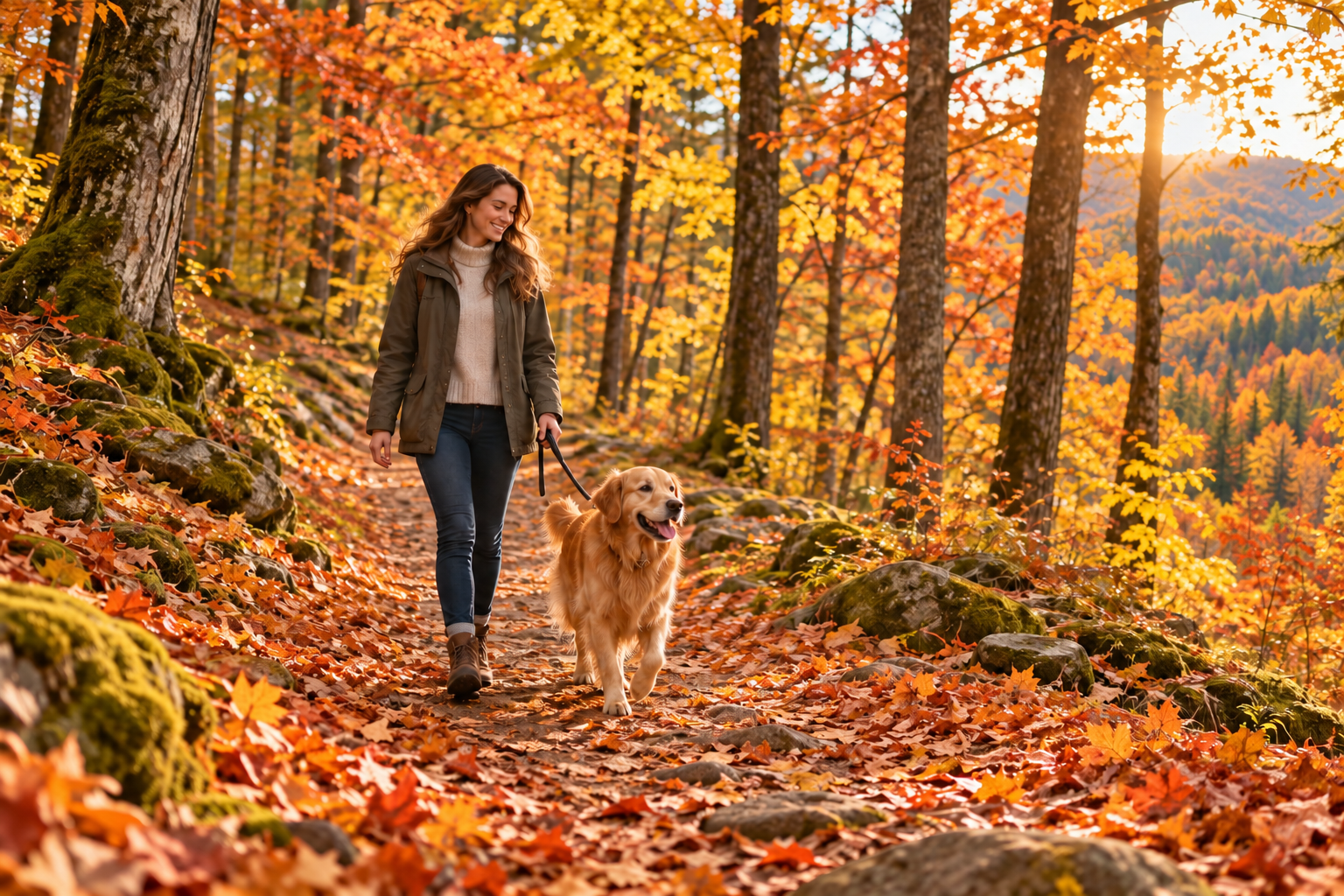Woman walking golden retriever in a forest during autumn with orange, yellow and red leaves covering the ground